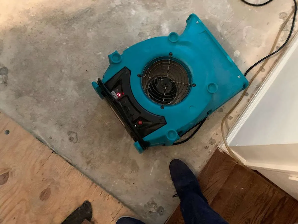 Air mover drying subfloor during Commercial Water Damage Restoration in Pontoon Beach